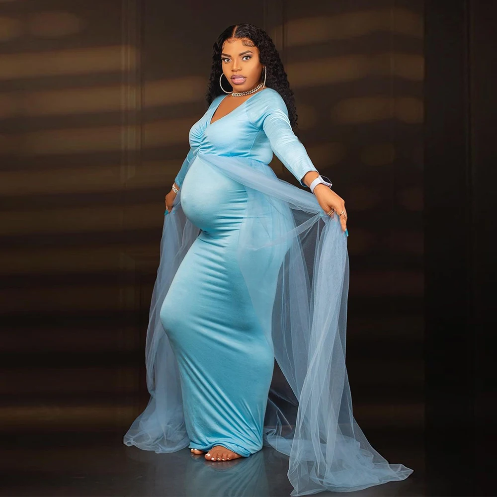 Pregnant Women Dresses for Photography Long Sleeved V neck Floor Train Mesh Robe Grossesse Shooting photo For Baby Shower Gown