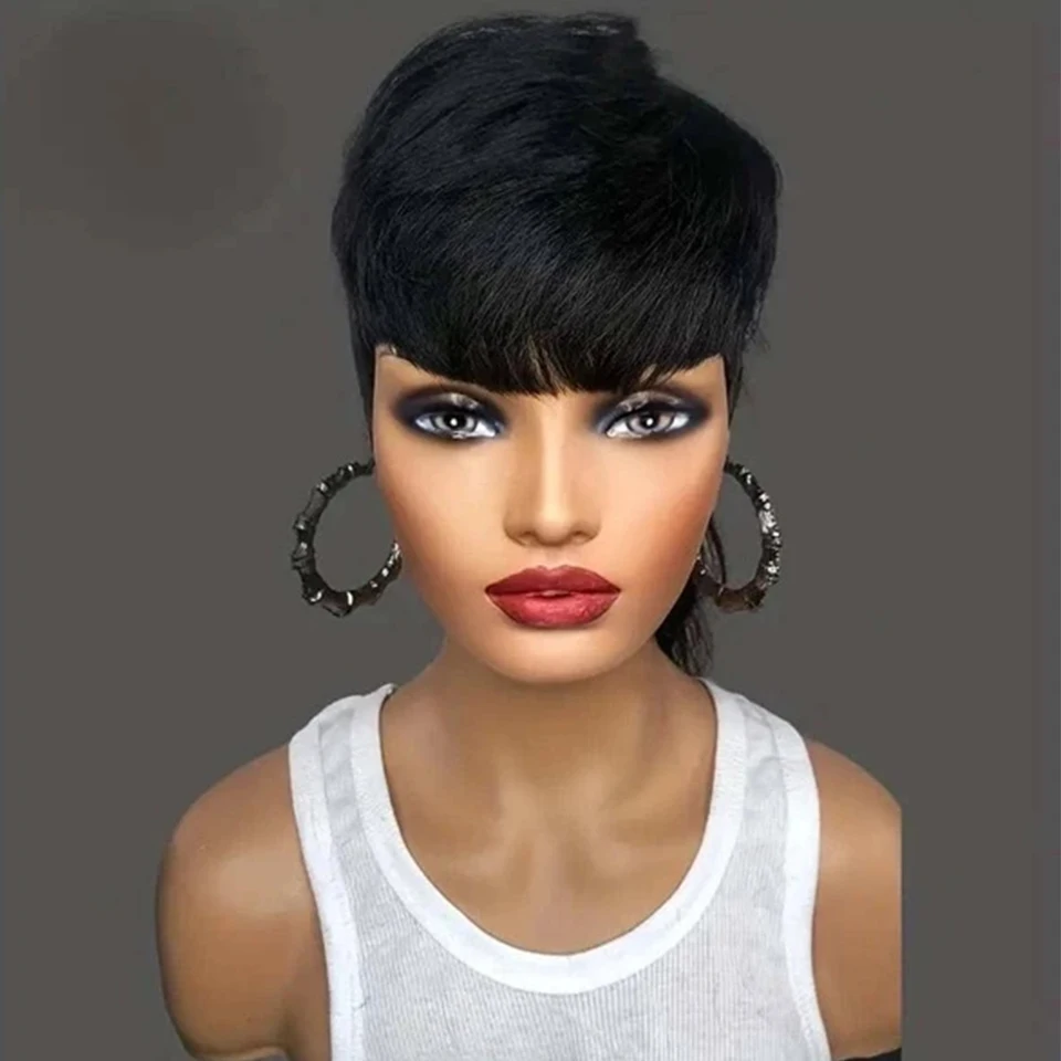 150 Density Straight Short Pixie Cut Remy Human Brazilian Hair Wigs Wear And  Full Machine Made Wig With Bangs