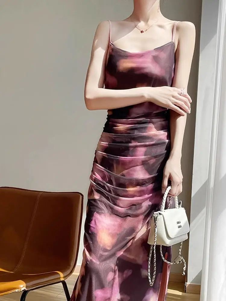 섹시한 플로럴 프린트 레이스 폴드 헴 슬립 드레스 여성 여름 2025 슬림 롱 스커트 슬림 웨이스트 A라인 가운