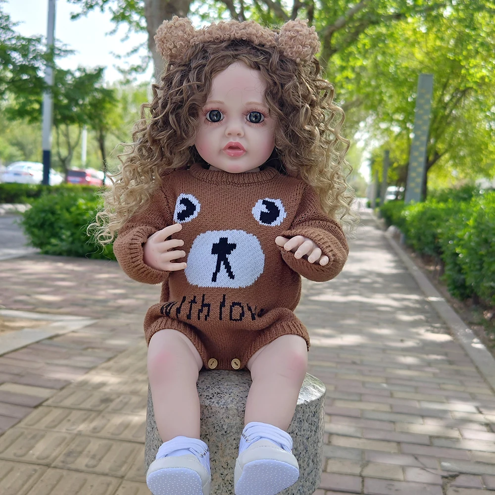 22Inch Lifelike Reborn Dolls Realistic Full Silicone Baby Bebe Vinyl 55CM Newborn Girl Doll Curly Hair Princess Toddler Toy Gift