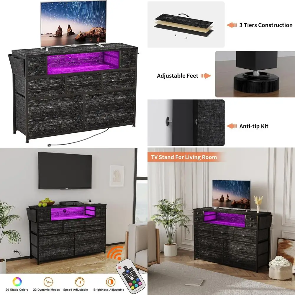 

55 TV Stand with 11 Drawers, LED Lights, Power Outlets, and Fabric Chest in Charcoal Black