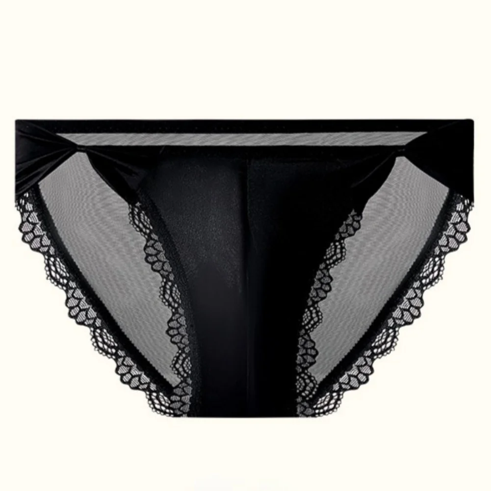Men Lace Ice Silk Briefs Satin Underwear Bulge Pouch High Split Bowknot Panties High Cut Lace Mesh Sheer Underwear