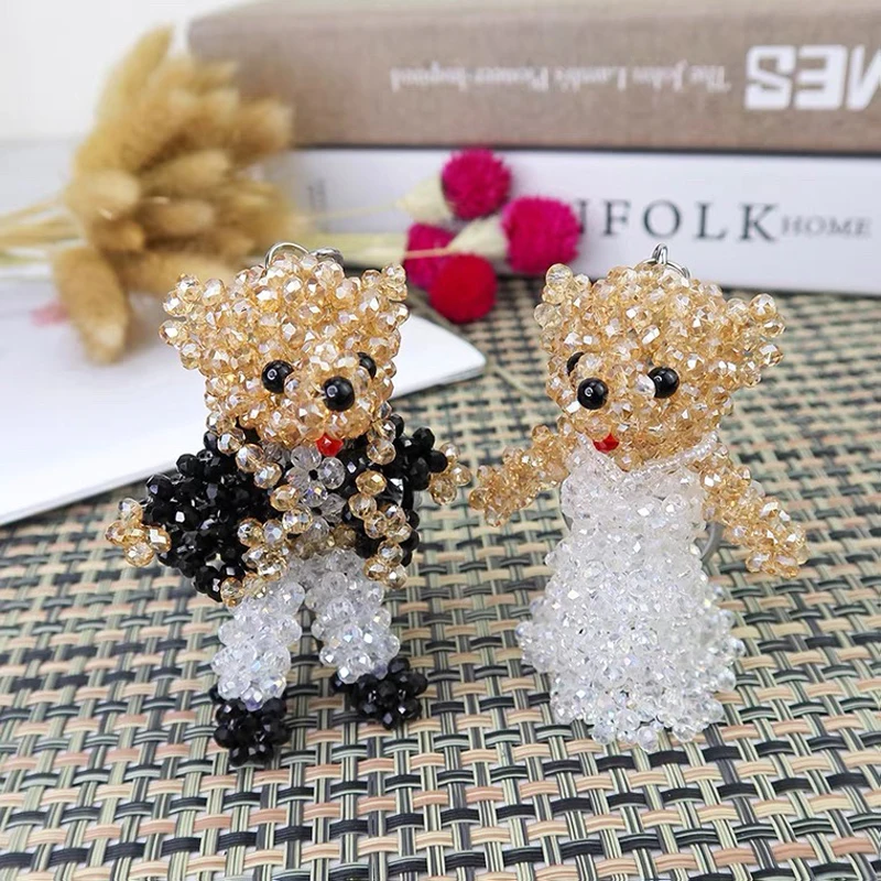 Beautiful Sweet Wedding  Bear Pure Hand Woven Austrian Crystal Key Chain Bag Hanging Accessories Shining  Girl Birthday Gift 1PC