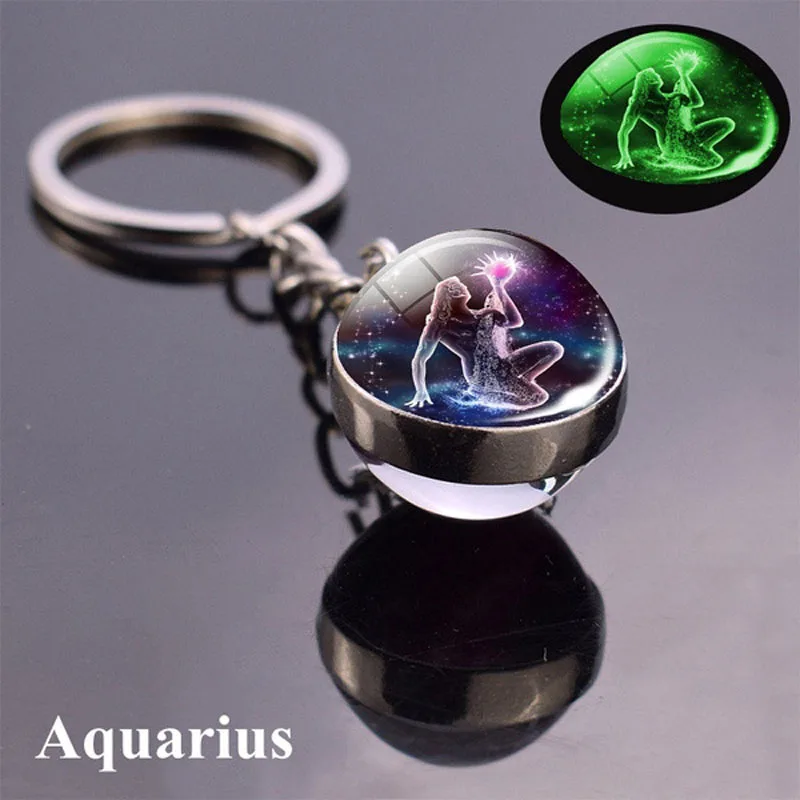 12 Constellation Luminous Keychain Glass Ball Pendant Keyring Glowing in the Dark Key Chain Men Women and Children Birthday Gift