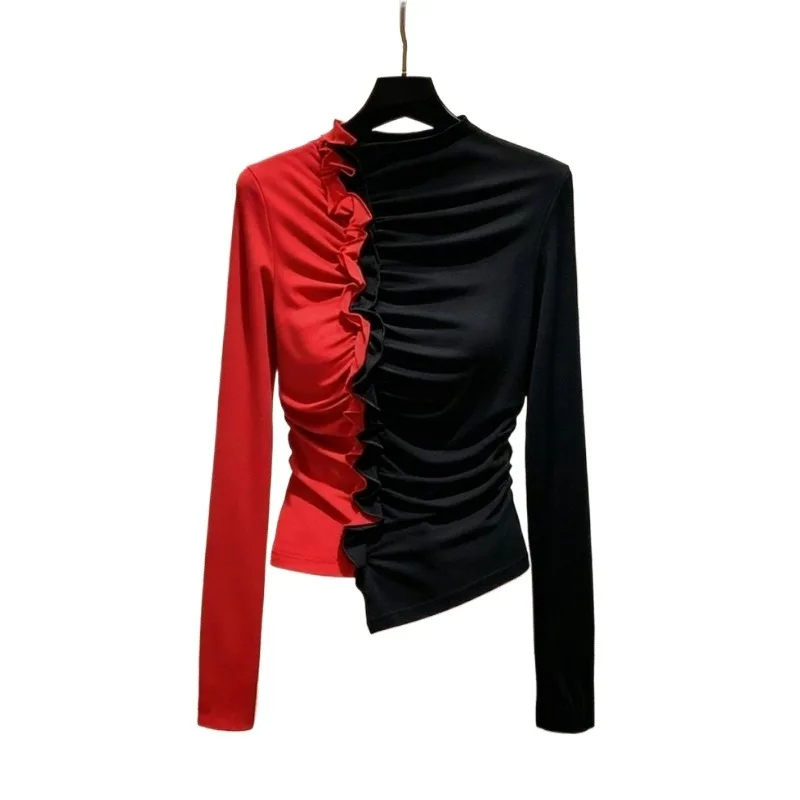 Black Red Contrasting Color Wood Ear Edge Long-sleeved Bottoming Shirt Women's Temperament Advanced Sense Waist Thin Small Top