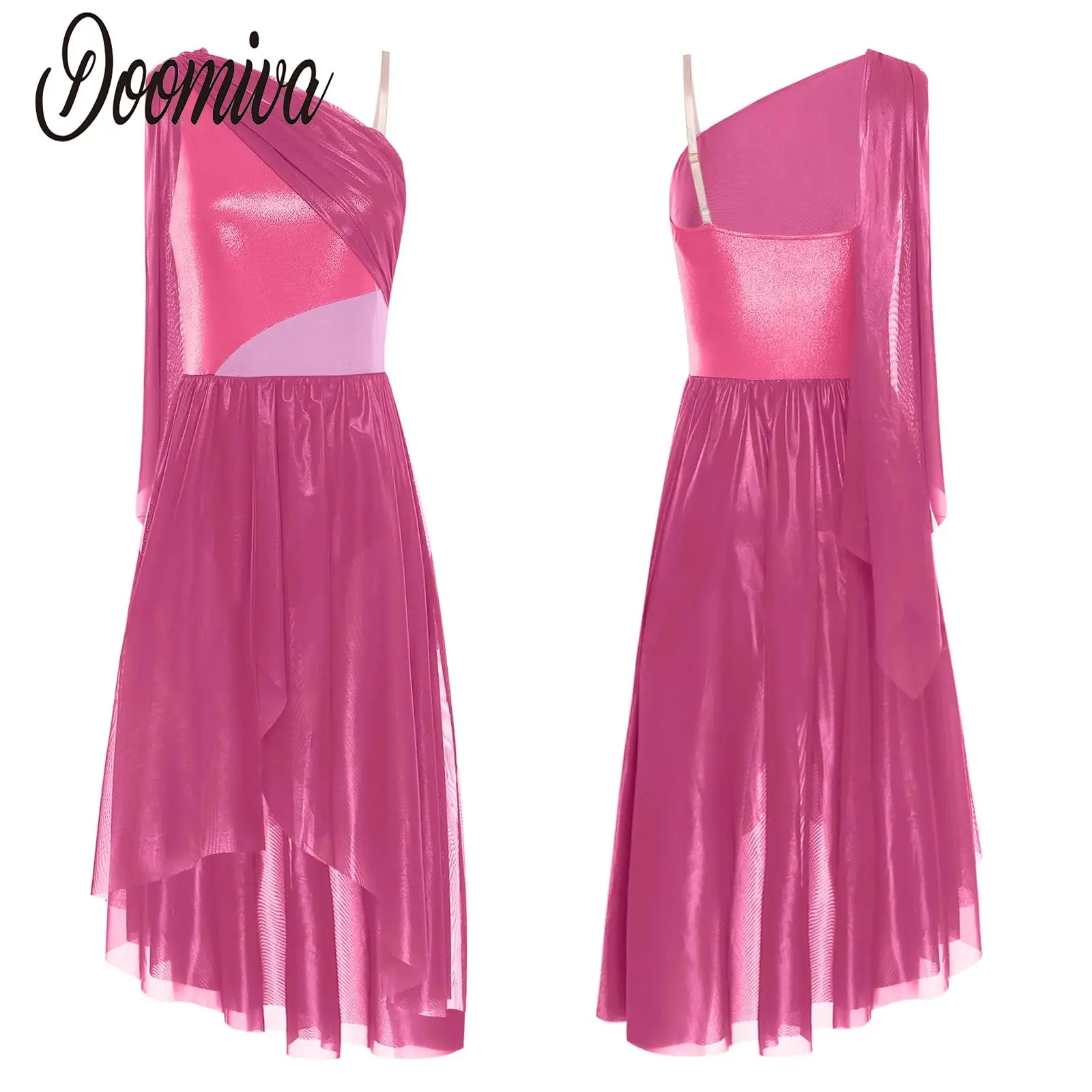 

Women Lyrical Ballroom Dance Costume Leotard Dress Skating Modern Dancewear Sleeveless Ruffled Drape Bodice Split Tulle Dress