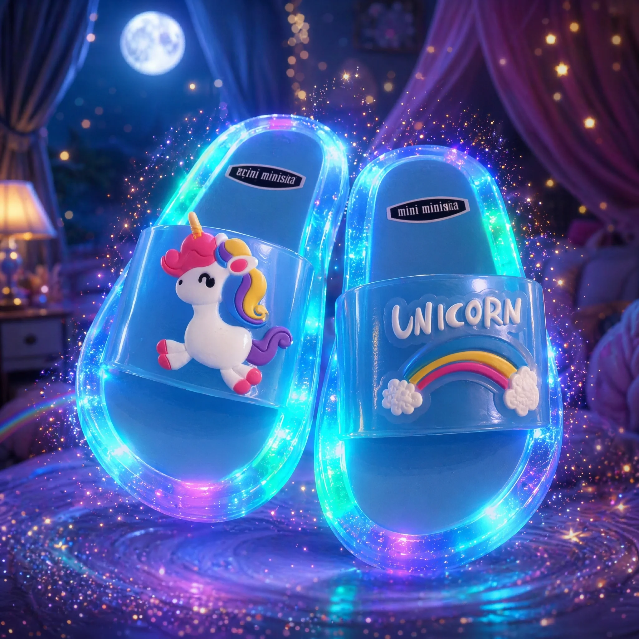 Children's Boys Girls LED Light Up Cartoon Unicorn Animals Prints Crystal Glowing Fashion So Cute Slippers Bathroom Kids Toddler