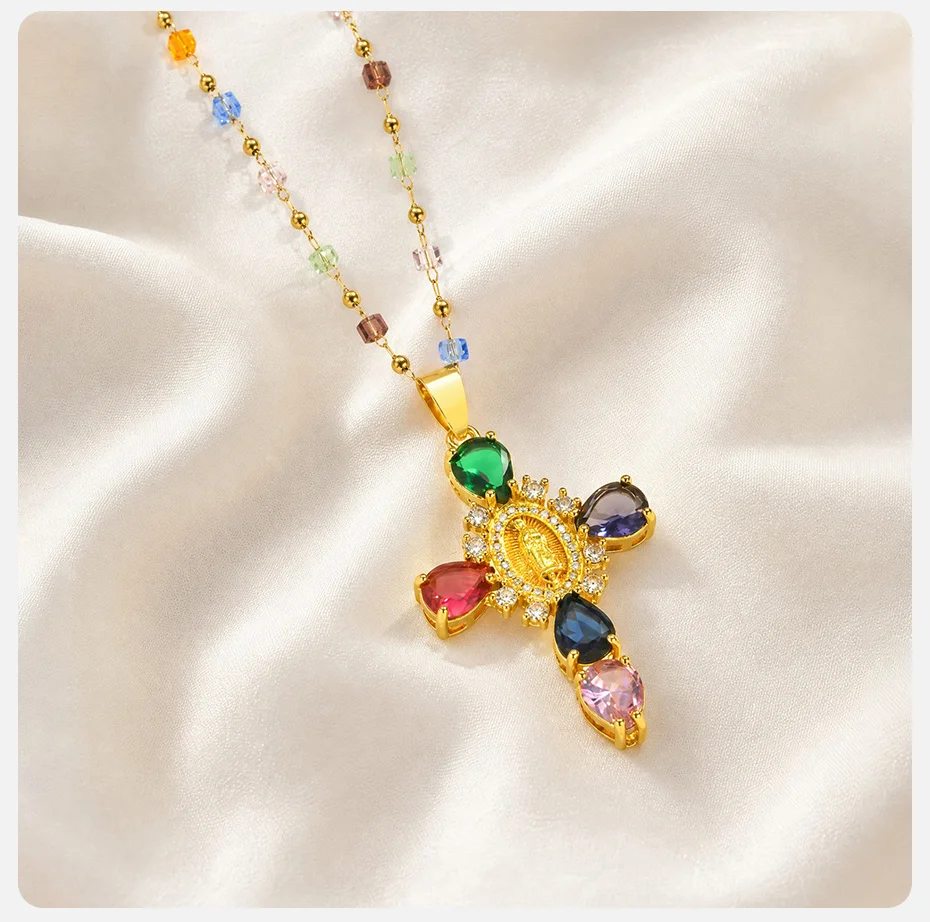 Vnox Mehrfarbige CZ-Steine Kreuz-Anhänger-Halskette für Frauen, vergoldet, bunte Zirkon-Religionskette, christlicher Schmuck – Detail 7