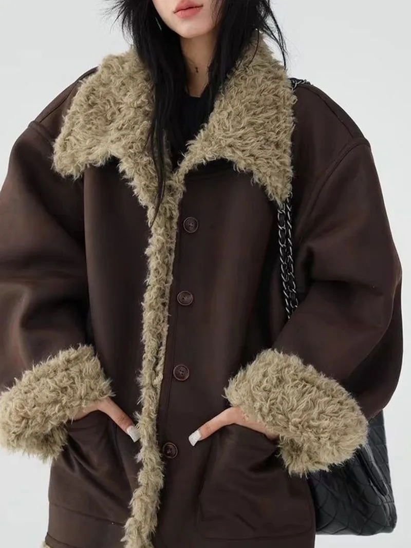 Casaco de inverno dupla face nova pele integrada casaco camurça curto motocicleta terno feminino emagrecimento versão coreana jaqueta série coreana