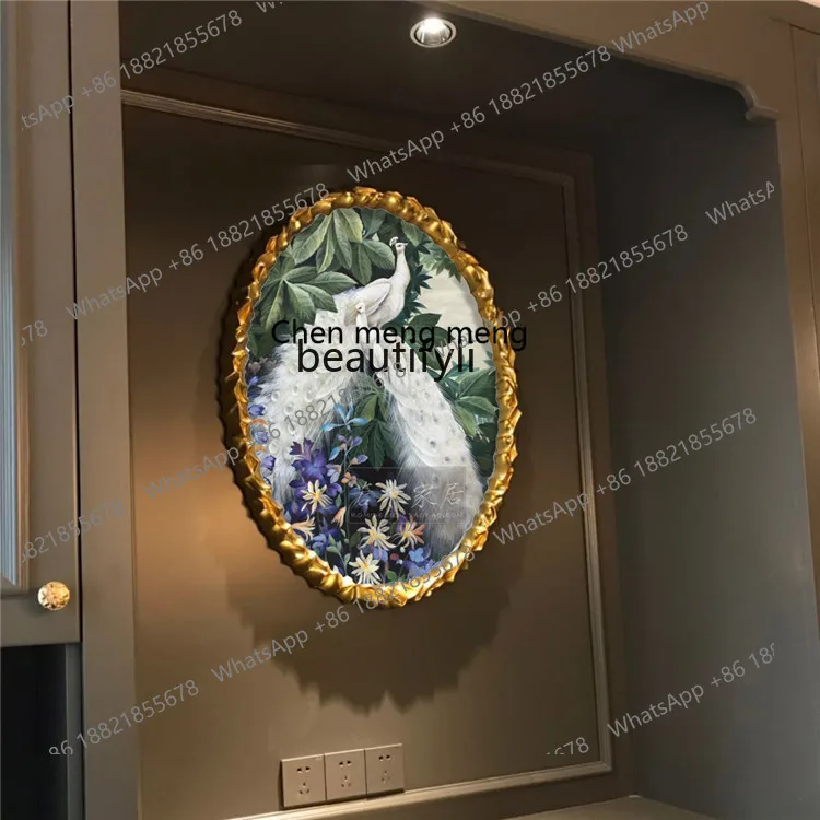 X Light Luxury Creative Simple Oval Two White Peacocks Flower and Plant Painting Blue Pure Green Handmade  Corridor Painting
