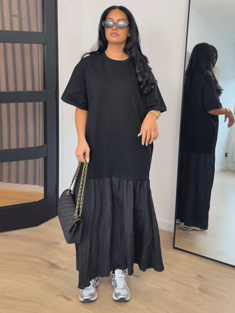 

Fashion Solid Women Patchwork Dress Short Sleeve Round Neck Loose Female Dress Casual Office Streetwear Commute Summer 2026