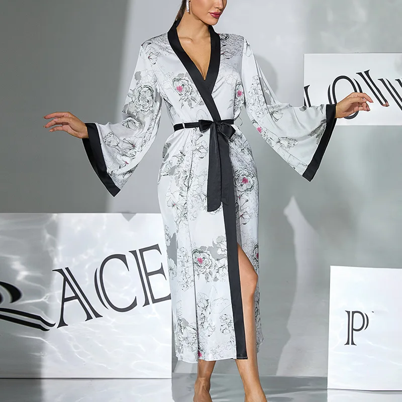 Ink Style Flower Print Satin Nightgown Contrasting Color Trimmed Horn Sleeve Women's Light Luxury Loungewear Cw11960