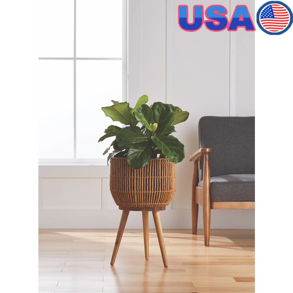 

13 Inch Round Resin Rattan Planter with Acacia Wood Legs Indoor Outdoor Standing Planter Home Decor Gifts