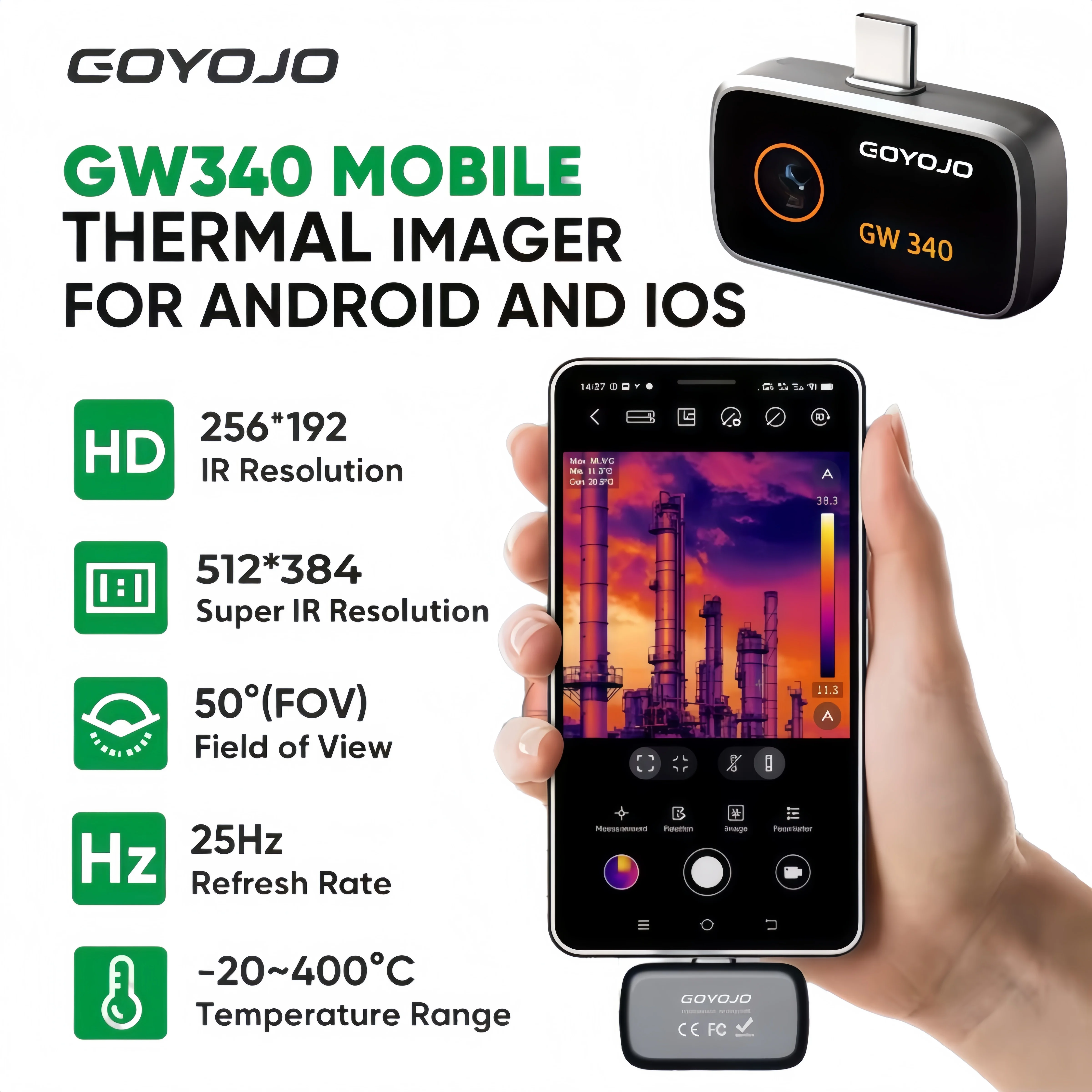 GOYOJO GW340 Thermal Imager 512×384 IR Resolution 25Hz Portable Heat Detector For Pipeline For Android iPhone Type-C & iOS