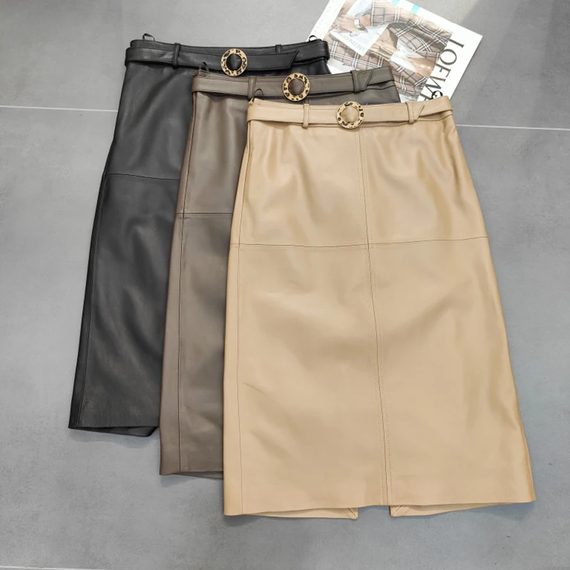 

Leather Skirts Spring Autumn Women Sheepskin High Waist Belt Wrap Hip Back Split Black/Apricot Elegant Versatile Slim Midi Skirt