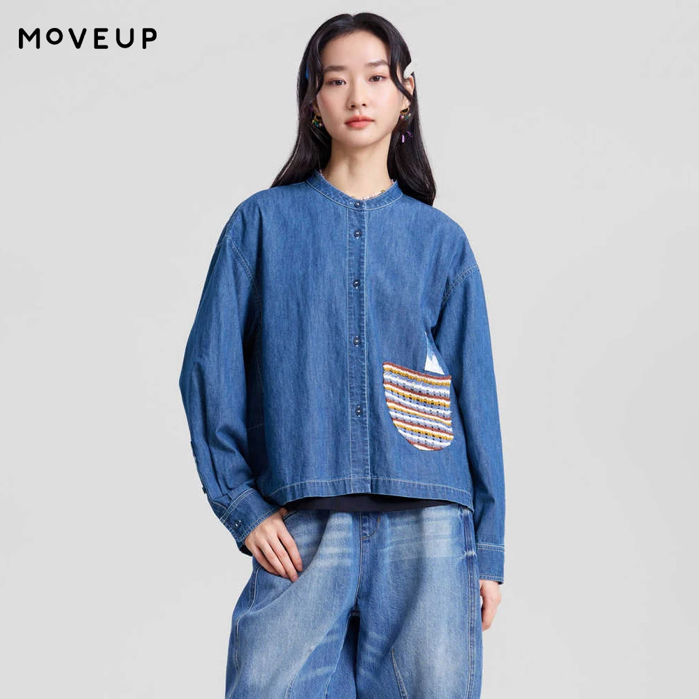 

MOVEUP Women's Denim Shirt 2026 Spring New Cotton Stand Collar Color Block Knit Pocket Loose Cropped Casual Blouse 3ELC40407