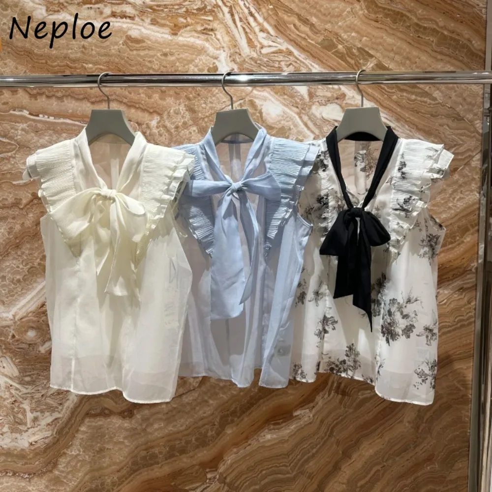 

Neploe 2025 Summer New Pure Desire Blouses Sweet Preppy Style Student Bow Sleeveless Shirt Japan Fungus Ruched Print Fresh Top