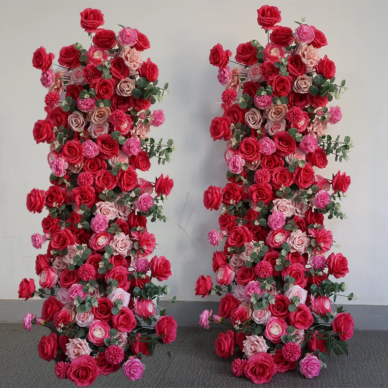 Luxuriöses Rot-Rosa Rosen-Blumenarrangement mit Künstlichem Eukalyptus für Hochzeits-Hintergrund, Bühne, Party, Zeremonie und Gangdekoration – Detail 4