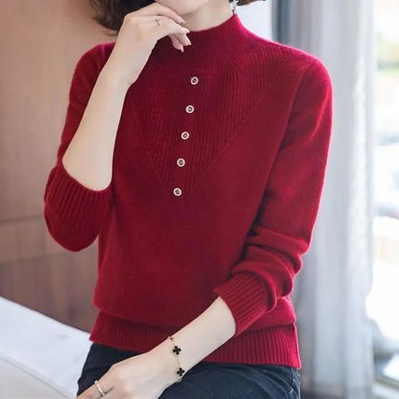 Fashion Long Sleeve Solid Color Knitted Tops Women\'s Clothing Autumn Winter Korean All-match Half High Collar Simplicity Sweater