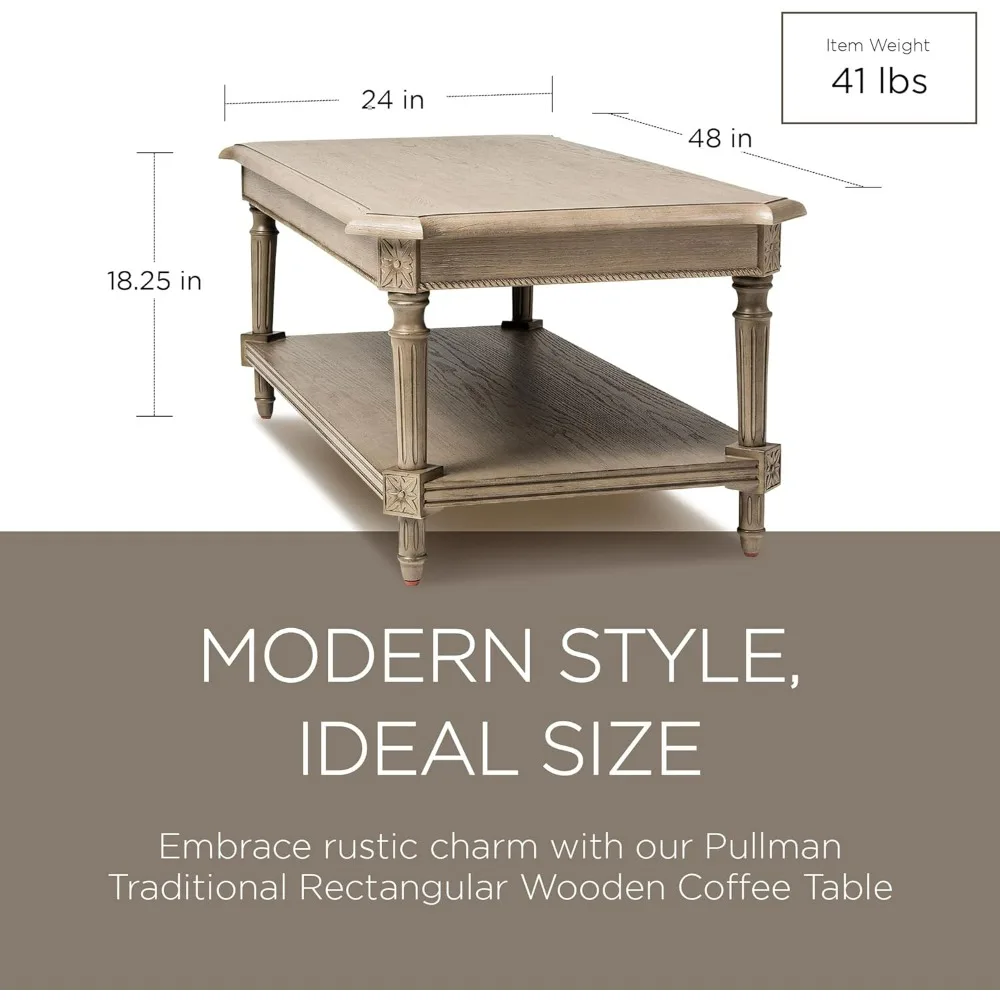 Large 2 Tier Traditional Rectangular Wooden Center Coffee Table with Shelf Storage in Rustic Antiqued Grey Finish