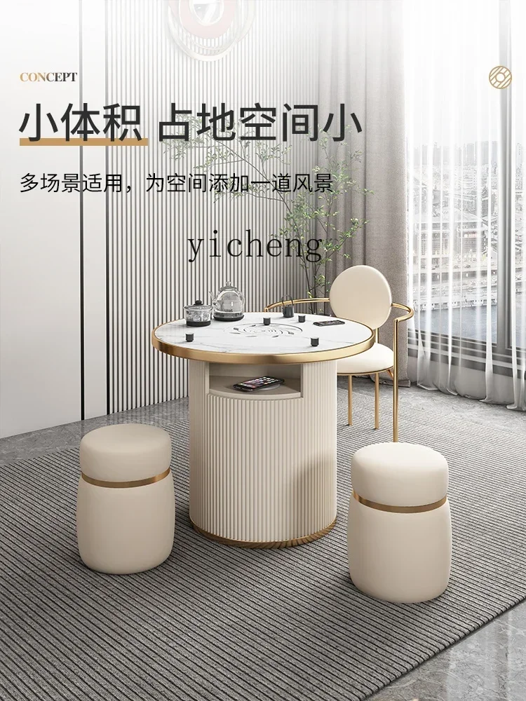 v9.7-light luxury round rock slab tea table modern simple household small tea table and chair combination living room decoration
