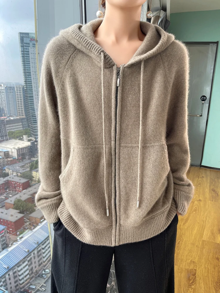 2024 Fashion Women Hooded Cardigan Zippers Sweater 100% Merino Wool Autumn Winter Thick Casual Loose Style Cashmere Knitwear Top