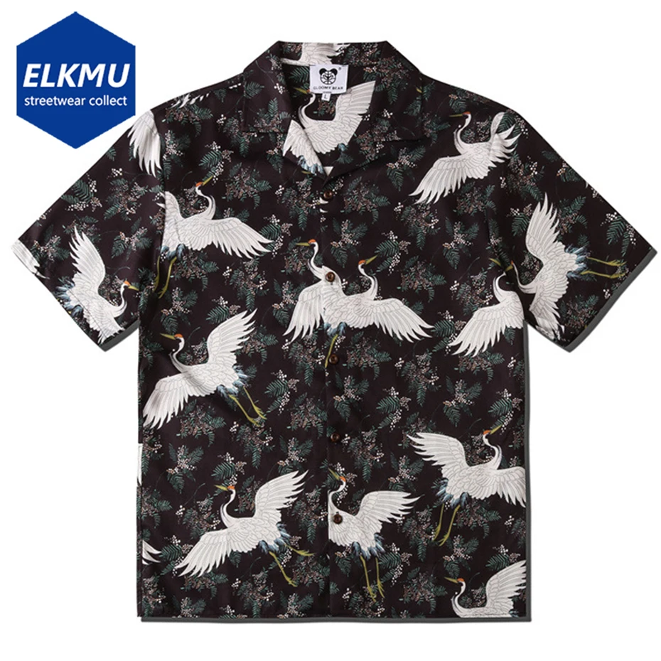 

Japan Style Shirts Crane Printed Fashion Men Shirts 2024 Summer Fashion Short Sleeve Button Up Blouse