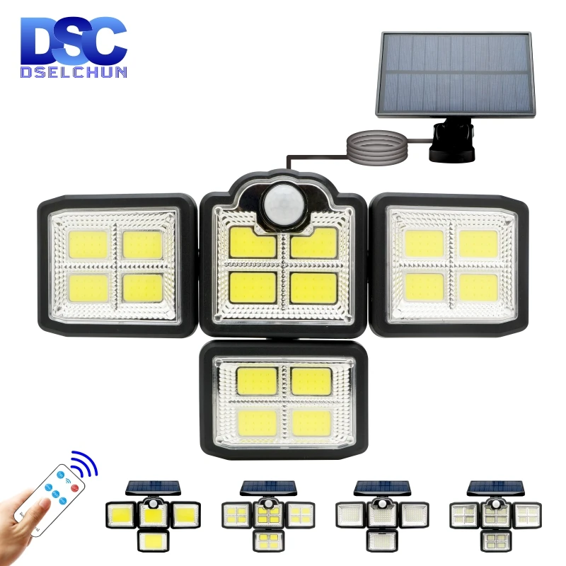 192/198 COB LED Solar Lights Outdoor 4 Head Motion Sensor Patio Garden Lights Waterproof 3 Modes with Remote Control Wall Lamp