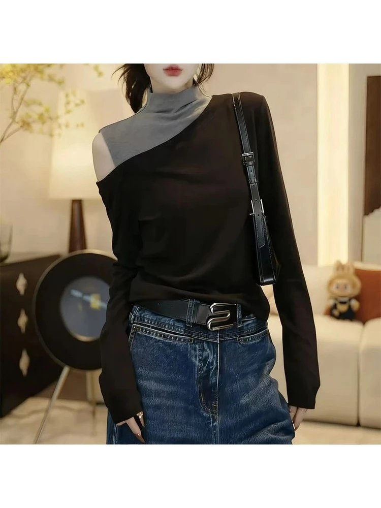 

oulder Bared Long Sve T-irt f High Collar Splice Color Contrast Base irt Casual Sle Straight Cut Knitted Top