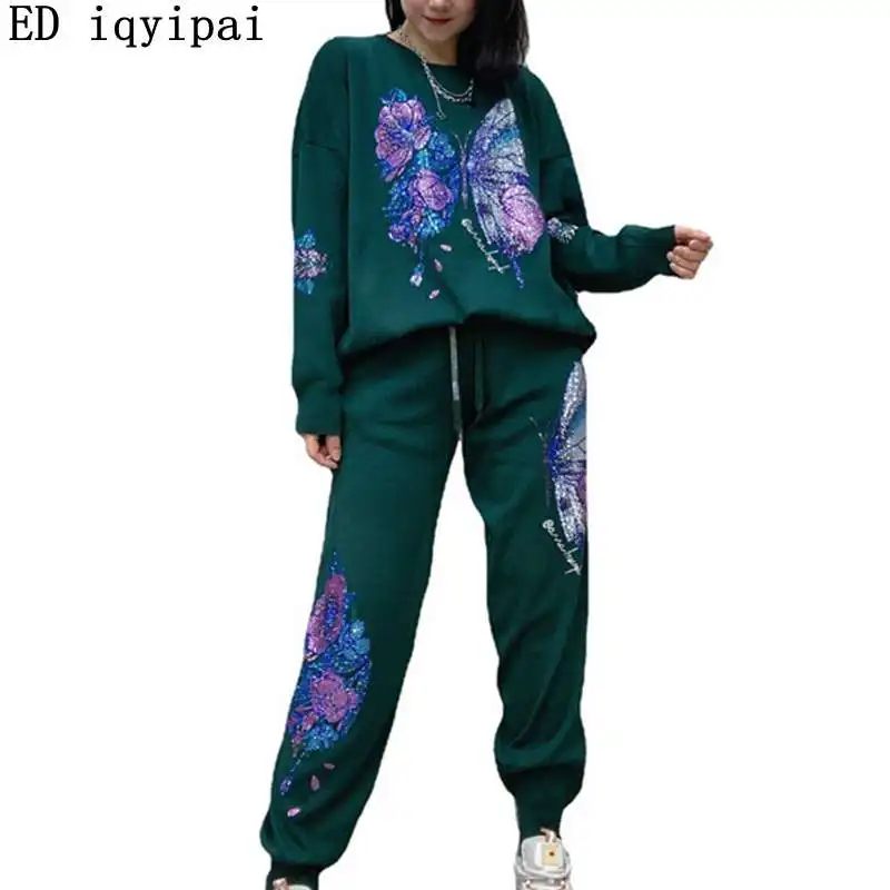 ED iqyipai Autumn And Winter Diamond Butterfly Knit Tracksuit Women 2 Piece Set Loose Knitting Sweater and Pants Two-Piece Suit