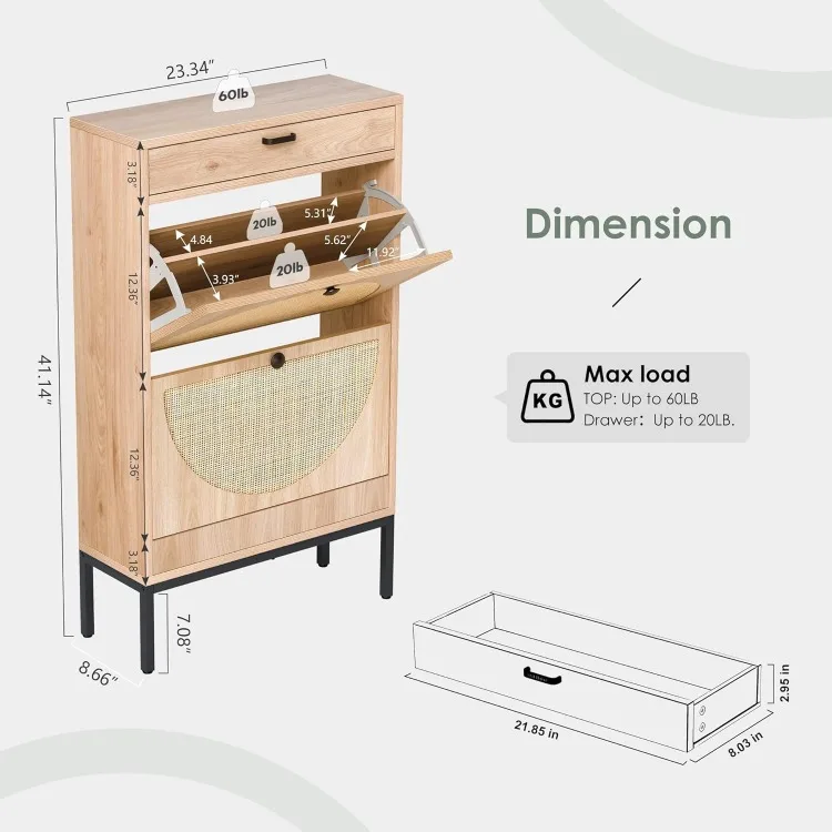 Shoe Rack Storage Organizer with 2 Natural Semi-Circular Rattan Doors, Entryway Wooden Shoe Cabinet for Sneakers