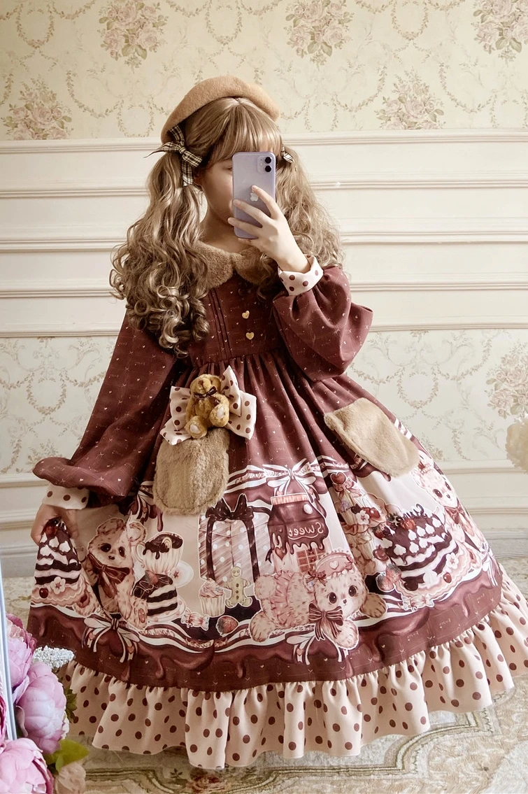 Lolita Autumn Winter Bobo Bear Teddy Retro Color Matching Warm Long-sleeved Peter Pan Collar High Waist Victorian Dress Cos