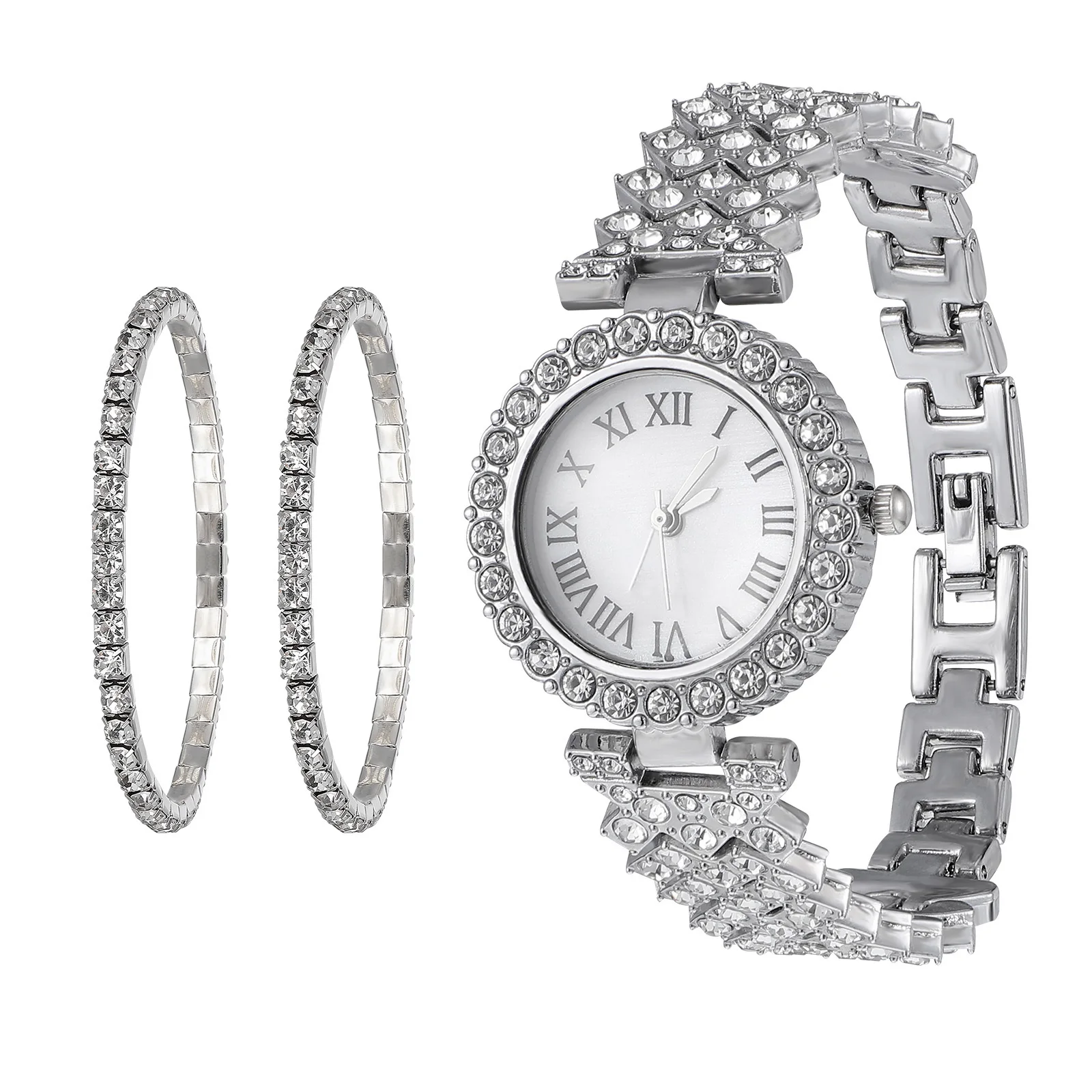 

2Pcs Rhinestone Watch Bracelet Set Quartz Watch for Women Fashionable Shiny Diamond Lady Watches Watches