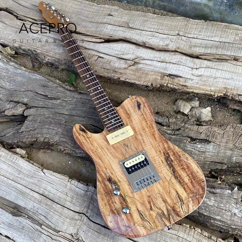 ACEPRO Left Handed Electric Guitar, Natural Color Spalted Maple, Abalone Dots Inlays, Roasted Maple Neck, Chrome Hardware