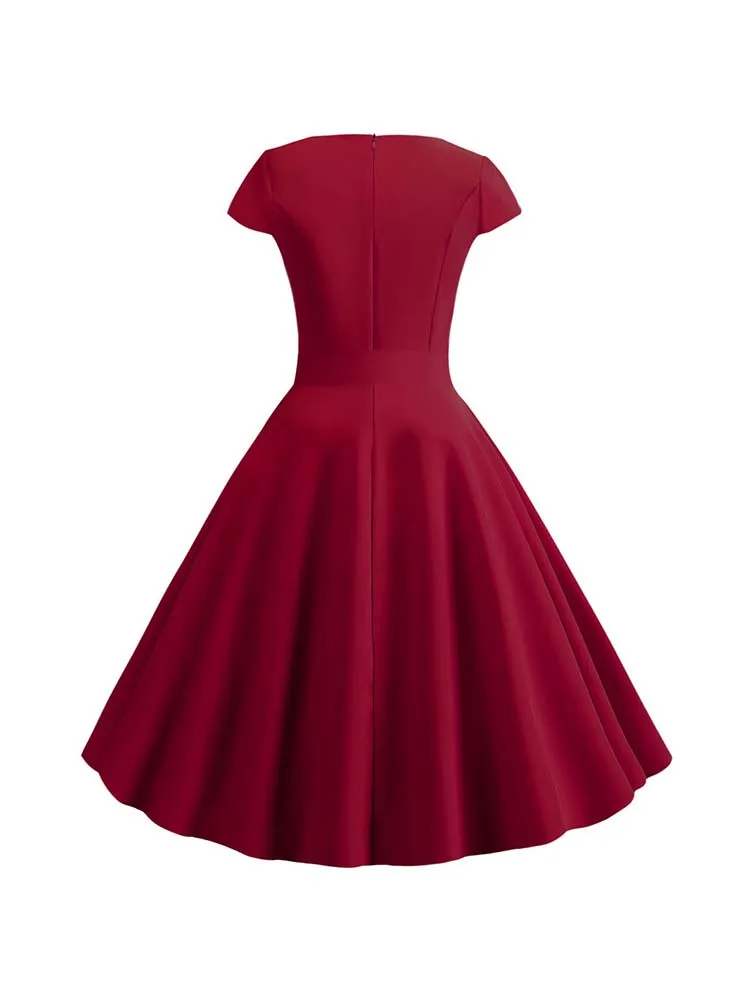 Women V Neck Half Sleeve Patchwork Belt Robe Pin Up Swing Party Office Ladies Dresses