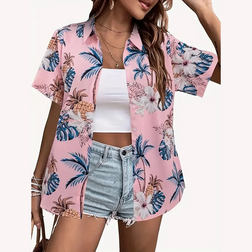 

Hawaii Style 3d Printed Single Breasted Women Hawaiian shirt Fashion Lapel Collar T-Shirts Summer Women's Short Sleeve Shirts