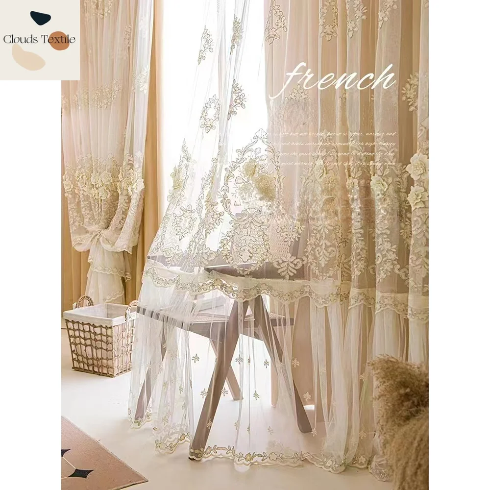 

Custom French Luxury Double Embroider Tulle Curtain for Living Room Blackout Bedroom Cream Embossed Lace Elegant Window European