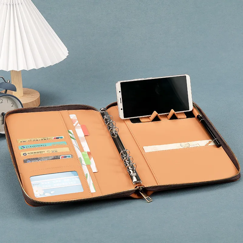 مجلد A5 جديد مع حامل هاتف، غطاء مجلد ميزانية من جلد البولي يوريثان، 6 حلقات غطاء مخطط للكمبيوتر المحمول قابل لإعادة الملء مع سحاب