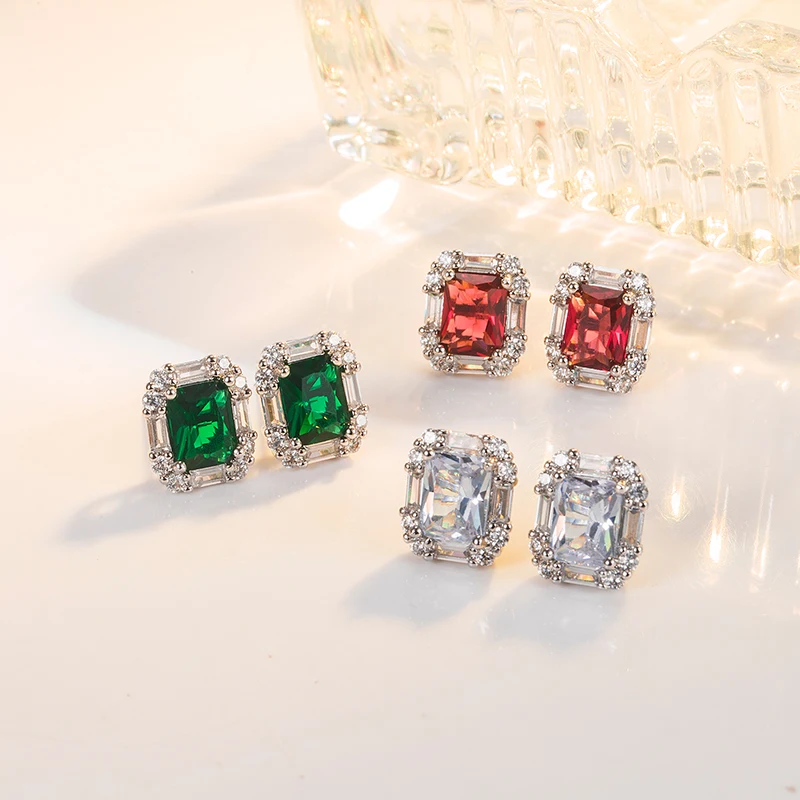 Fashion Earrings for Women 925 Silver Jewelry Rectangle Emerald Zircon Gemstone Stud Earrings Wedding Bridal Party Accessories