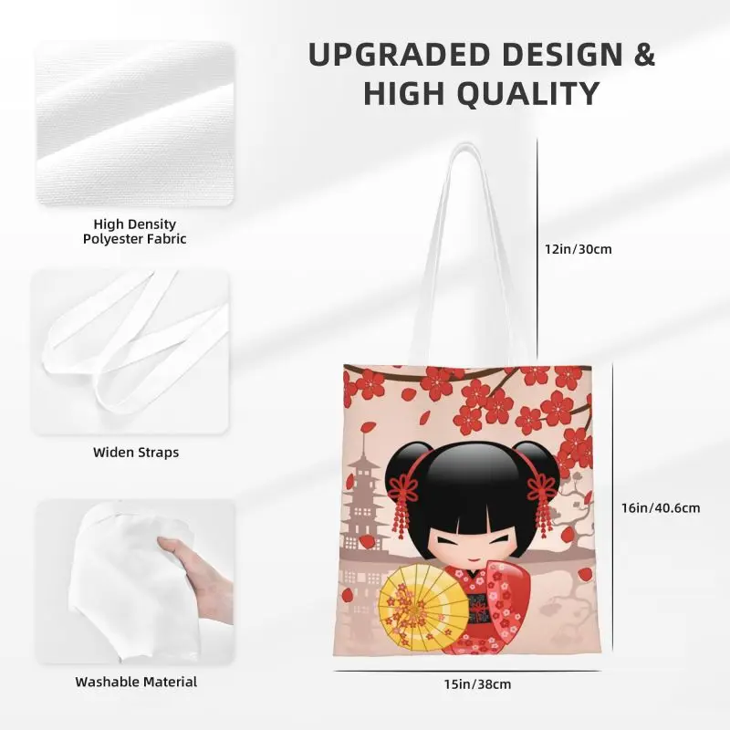 Custom Japanese Red Sakura Kokeshi Doll Grocery Shopping Bags Canvas Shopper Tote Shoulder Bag Girly Cherry Blossom Handbag