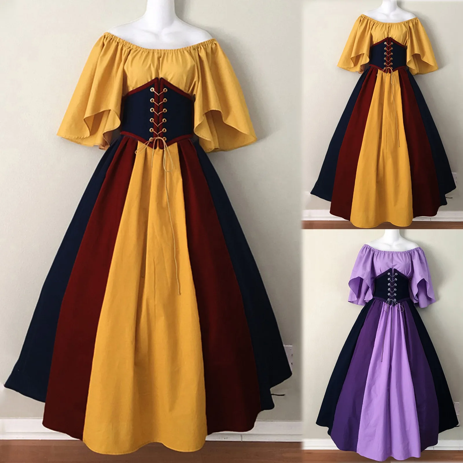 

Women European Medieval Court Dress Fancy Vampire Cosplay Costume Carnival Vintage Strapless Long Sleeve Queen Elegant Dress