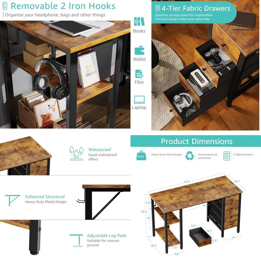 مكتب 47 بوصة مع 4 أدراج وأرفف تخزين، مكتب كمبيوتر لدراسة العمل لغرفة نوم المكتب المنزلي، حديث وبسيط للطلاب