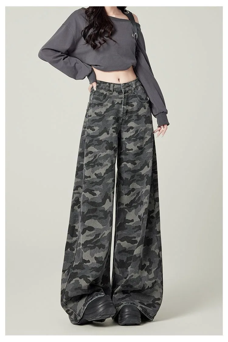 Y2K Übergröße Damen Graue Camouflage Cargo Jeans 2026 Frühling Herbst Hochgeschnittene Weite Hose Streetwear – Detail 10