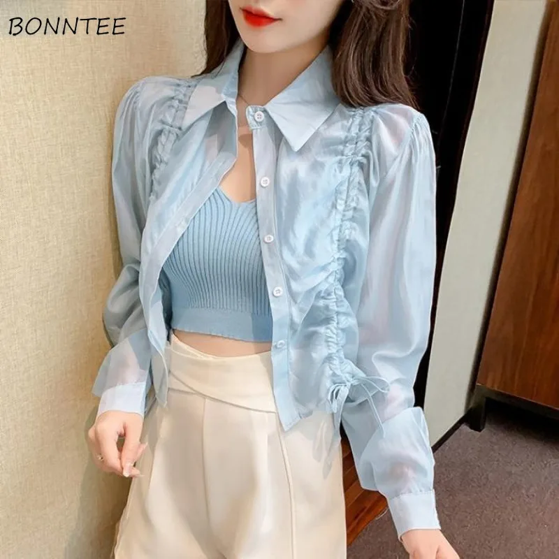 Shirts Women Sheer Shirring Special Sunscreen Leisure Seductive Basic Creativity Graceful Korean Style Ladies Vintage Breathable