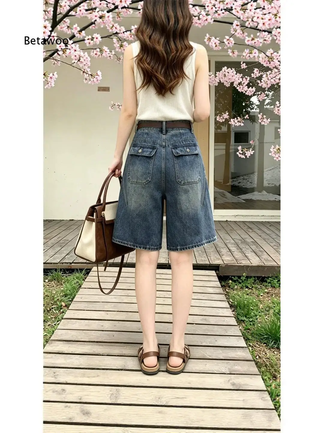 Vintage Blue Distressed Ripped Jean Shorts Women High Waist Wide Leg Bermuda Cut Denim Shorts For Outdoor And Daily Use view 3