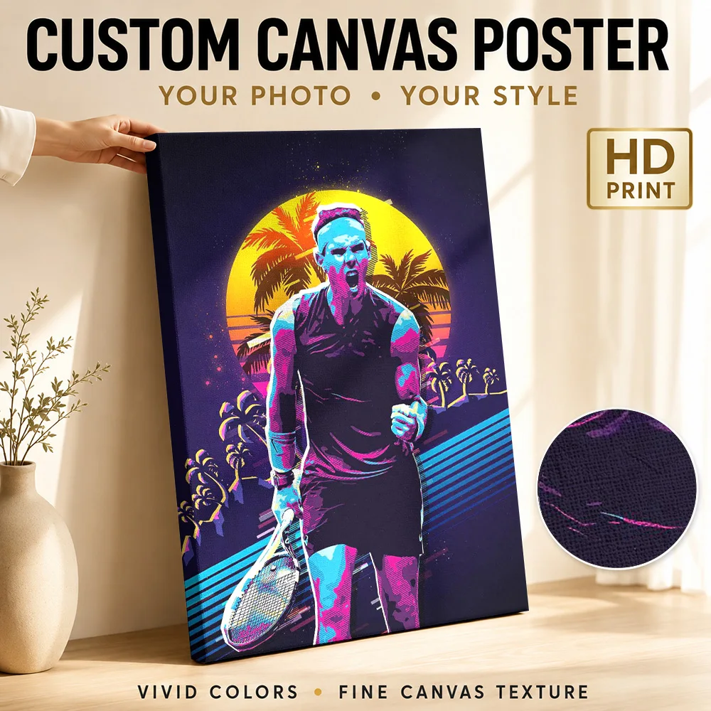 Rafael Nadal Portrait Canvas Print Customized Photo Retro Neon Graphic Wall Art For Tennis Clubhouse, Racket Sports Fan Gift