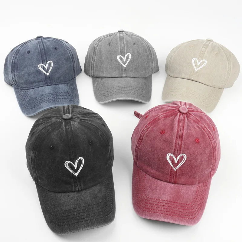 Versatile Peach Heart Embroidery Washed Old Spring And Summer Baseball Hat Women's Thin Couple Soft Top Cap Men's Tide