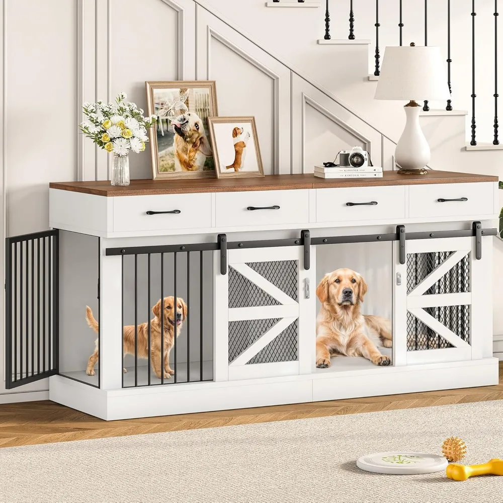 

Extra Large Dog Crate Furniture for 2 Dogs, 71'' Dog Kennel Indoor with Removable Divider and 4 Storage Drawers, Sturdy Wooden D