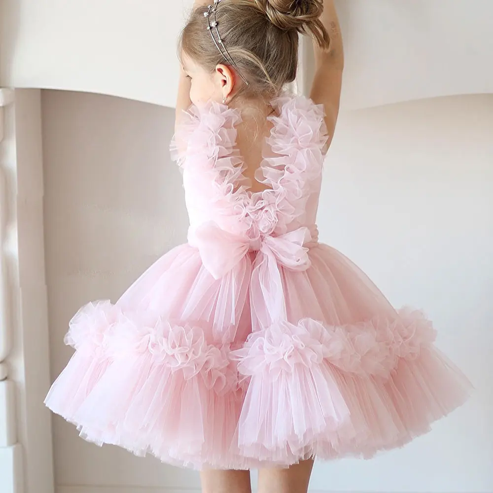 Jill Wish Elegant Pink Flower Girl Dress V-Neck Tiered Dubai Kids Princess Birthday Wedding Party Ball Evening Gown 2024 J116