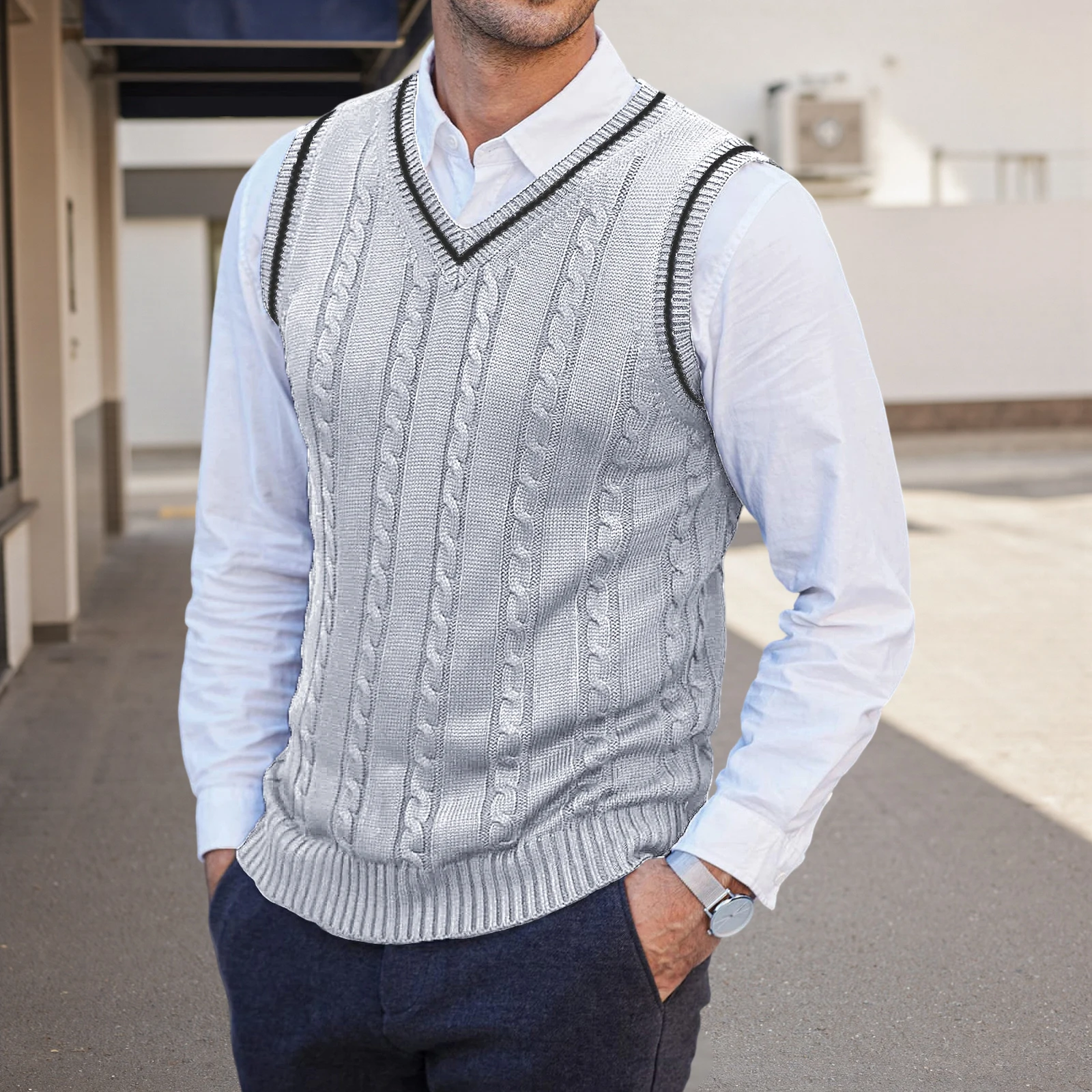 Men's Sweater Vests Casual Stylish Contrast Color Trim Ribbed Trim Sleeveless V Neck Knit Tops